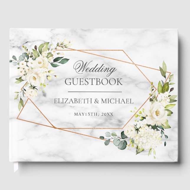 Copper Marble Geometric White Floral Wedding Guest Book (Front)