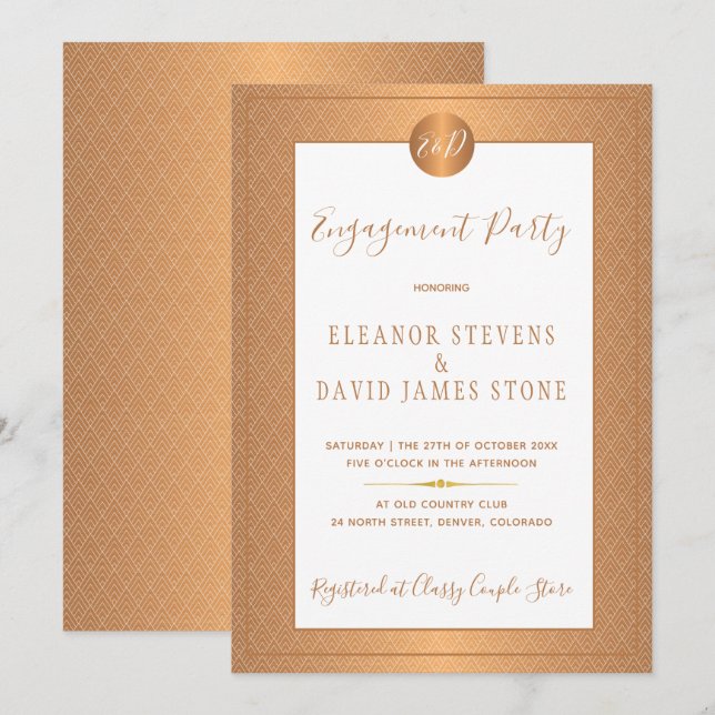 Copper Metallic Classy Monogram Engagement Party Invitation (Front/Back)