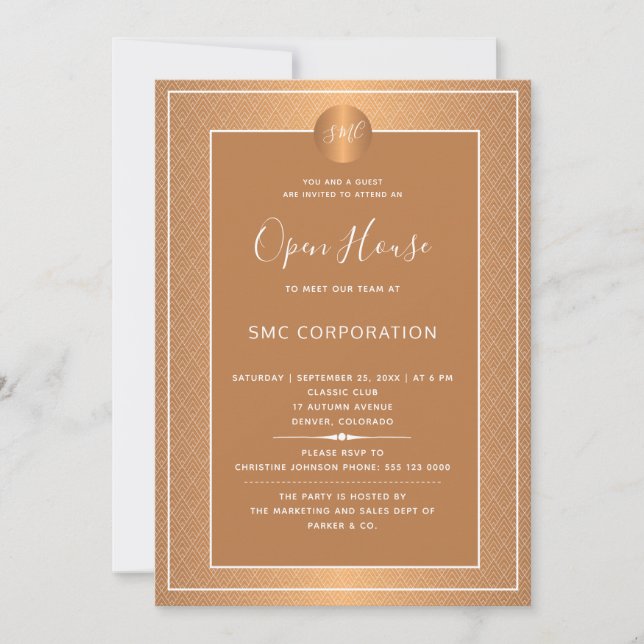 Copper Metallic Corporate Monogrammed Open House Invitation (Front)
