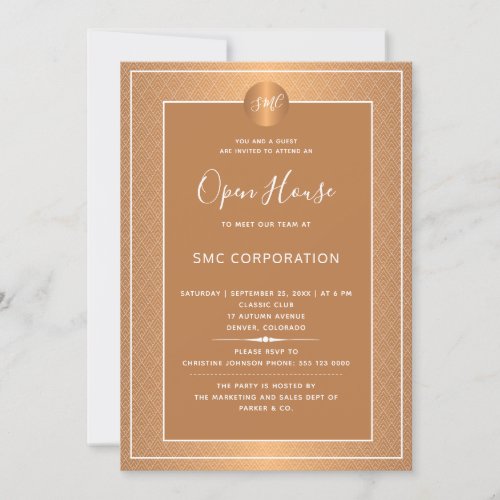 Copper Metallic Corporate Monogrammed Open House Invitation