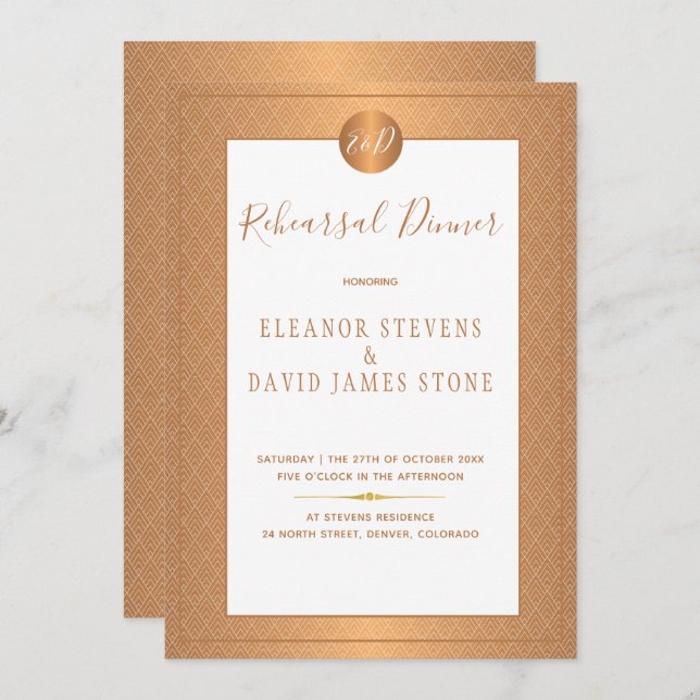 Copper Metallic Elegant Monogram Rehearsal Dinner Invitation (Front/Back)