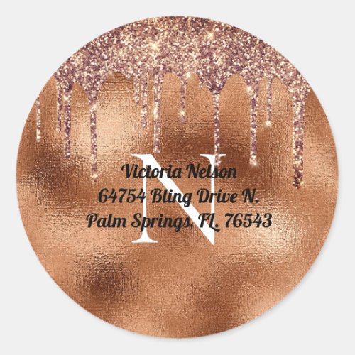 Copper Metallic Glitter Drip Elegant Monogram  Classic Round Sticker