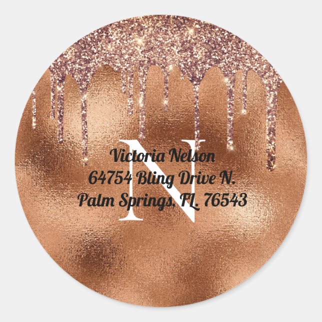 Copper Metallic Glitter Drip Elegant Monogram  Classic Round Sticker (Front)