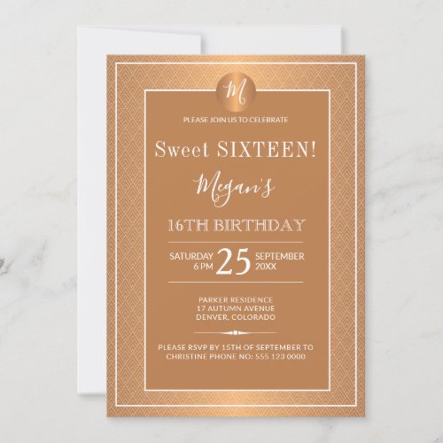 Copper Metallic Gold Glam Monogram Sweet Sixteen Invitation