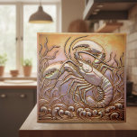 Copper Metallic Iridescent Lobster ID1223 Ceramic Tile<br><div class="desc">Complete your collection with this luxurious, high-impact tile featuring a detailed lobster, complete with large claws, set amidst dynamic waves and sea kelp. The deep faux bas-relief texture perfectly mimics an ornate, antique bronze or copper architectural plaque. The rich, warm copper finish adds sophisticated depth and texture, making this an...</div>