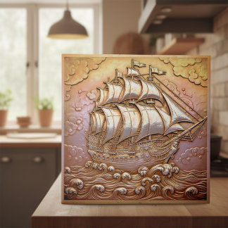 Copper Metallic Iridescent Sailing Ship ID1223 Ceramic Tile