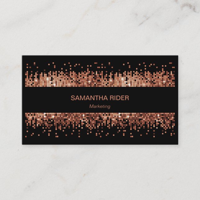 Copper Metallic Sequins on Black Modern Business Card (Front)