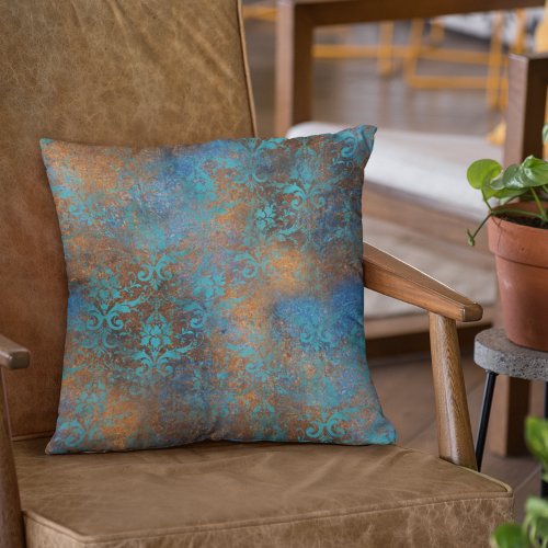 Copper Metallic Teal Patina Floral Blue Throw Pill Throw Pillow