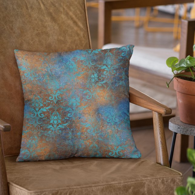Copper Metallic Teal Patina Floral Blue Throw Pill Throw Pillow (Creator Uploaded)