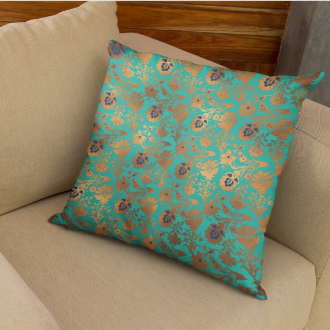 Copper Metallic Teal Patina Floral Blue Throw Pillow (Creator Uploaded)