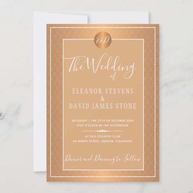 Copper Metallic White Elegant Monogram Wedding Invitation (Front)