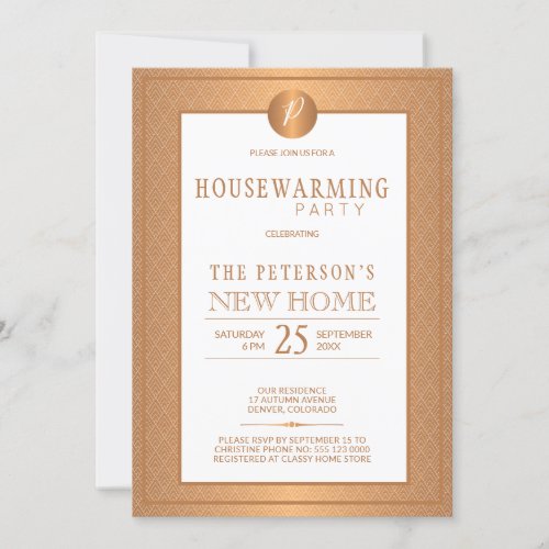 Copper Metallic White Monogram Housewarming Party Invitation