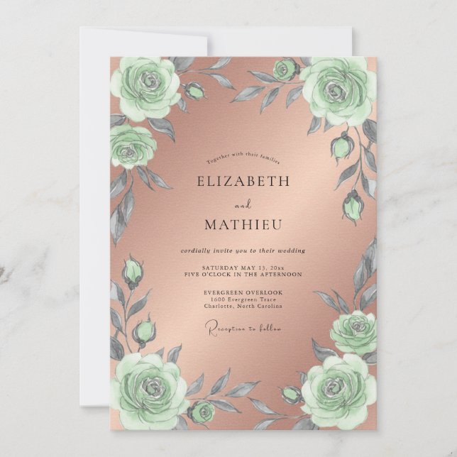 Copper Mint Rose Wedding Invitation (Front)