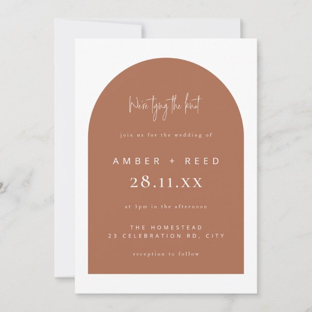 Copper Modern Arch Minimal Wedding Tying the Knot Invitation (Front)