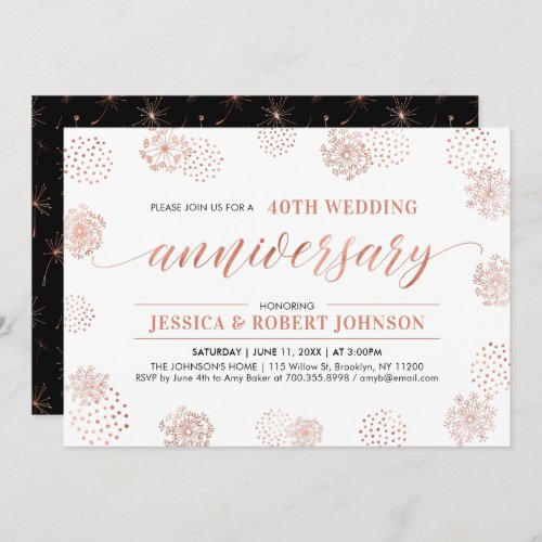 Copper  Modern Floral 40th Wedding Anniversary Invitation