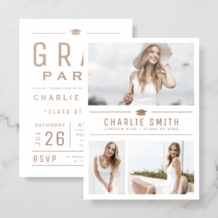 Copper Modern Typography 3 Photo Graduation Party Letterpress Photo Cards