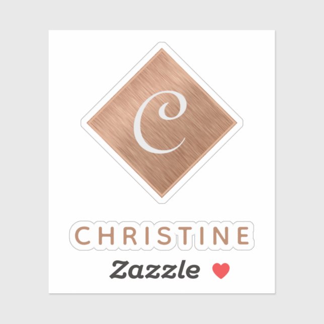 Copper Monogram Faux Metal Brown Custom Name Sticker (Sheet)