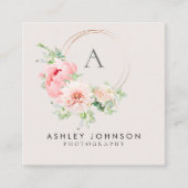 Copper Monogram Watercolor Pink Floral Square Square Business Card (Front)
