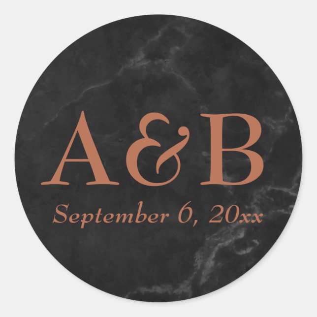 Copper Monograms & Date Over Black Marble Classic Round Sticker (Front)