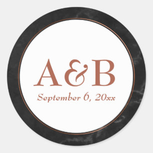 Copper Monograms & Date Over Black Marble Classic Round Sticker