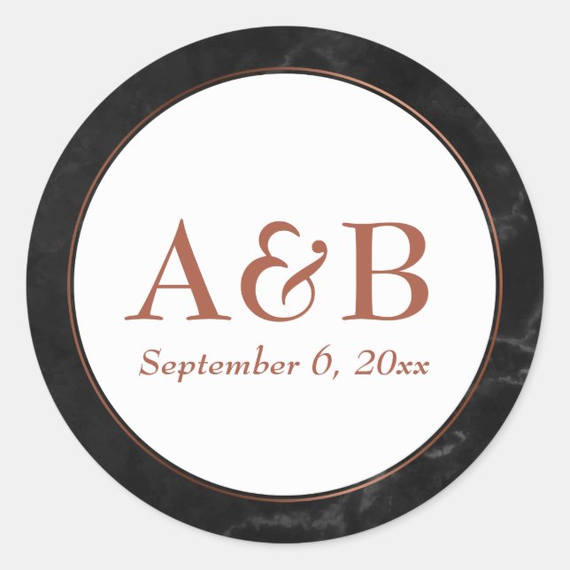 Copper Monograms & Date Over Black Marble Classic Round Sticker (Front)