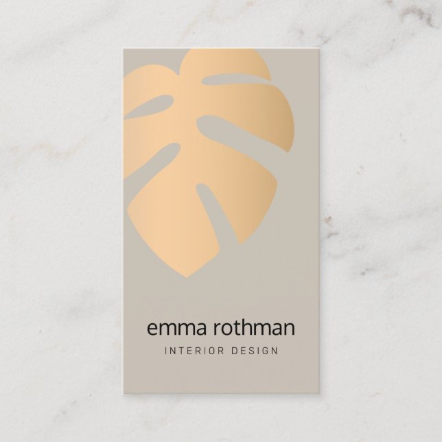Copper Monstera Tropical Leaf Logo Interior Design Business Card (Front)