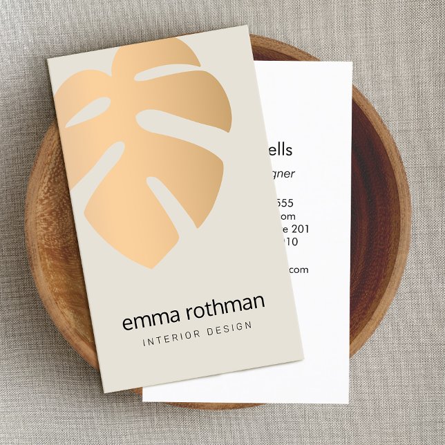 Copper Monstera Tropical Leaf Logo Interior Design Business Card (Creator Uploaded)