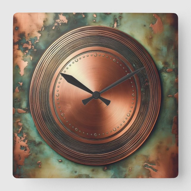 copper object and patina square wall clock (Front)