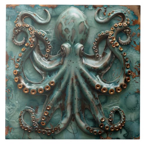 Copper Octopus Teal Ceramic Tile