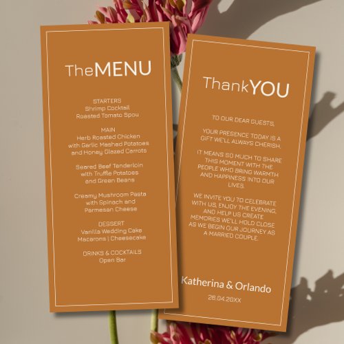 Copper Old Money Wedding Menu Thank You Note