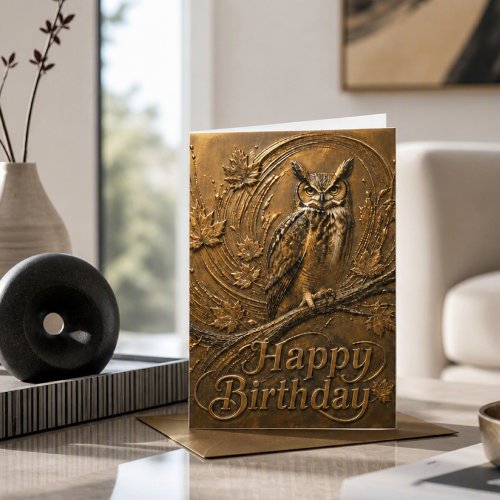 Copper Owl Abstract Leaves Nature Birthday Card