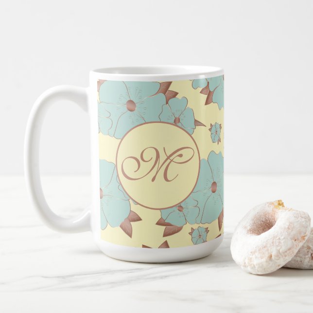 Copper Pale Teal Floral on Pastel yellow Coffee Mug (With Donut)