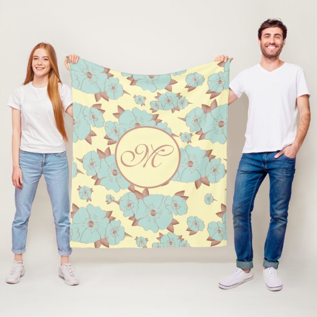 Copper Pale Teal Floral on Pastel yellow Fleece Blanket (In Situ)