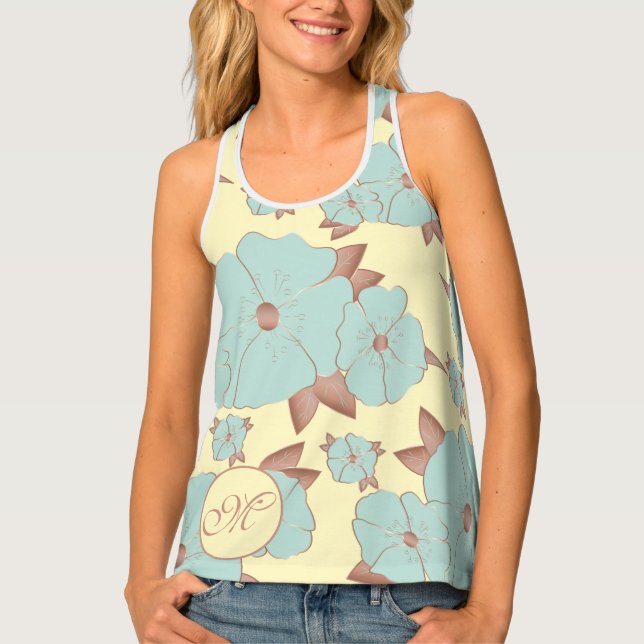 Copper Pale Teal Floral on Pastel yellow monogram Tank Top (Front)