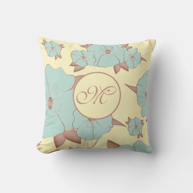 Copper Pale Teal Floral on Pastel yellow Throw Pillow (Front)