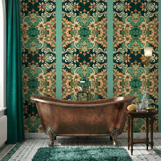Copper Patina Acanthus Scroll Damask Striped  Wallpaper