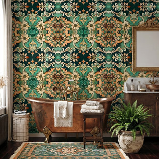 Copper Patina Acanthus Scroll Damask Vintage Style Wallpaper