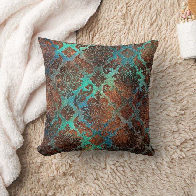 Copper Patina Rusted Damask  Throw Pillow (Blanket)
