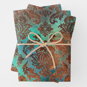 Copper Patina Rusted Damask Wrapping Paper Sheets