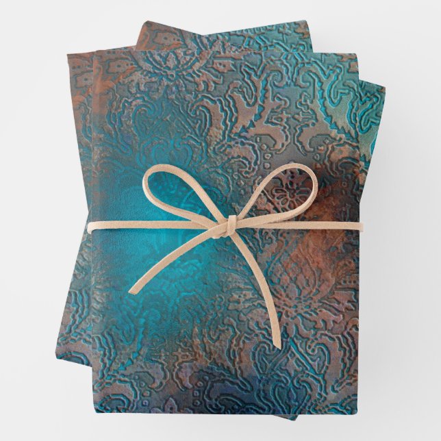 Copper Patina Rusted Damask  Wrapping Paper Sheets (In situ)