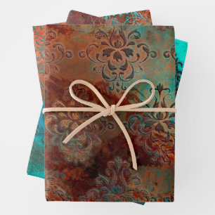 Copper Patina Rusted Damask Wrapping Paper Sheets