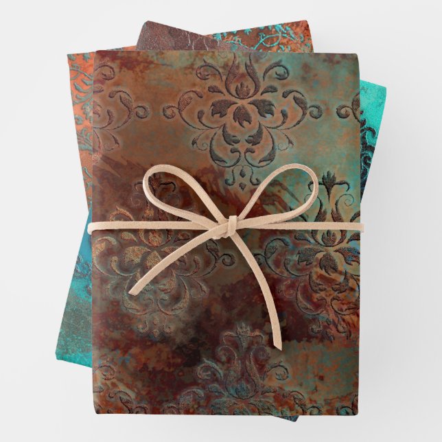 Copper Patina Rusted Damask  Wrapping Paper Sheets (In situ)
