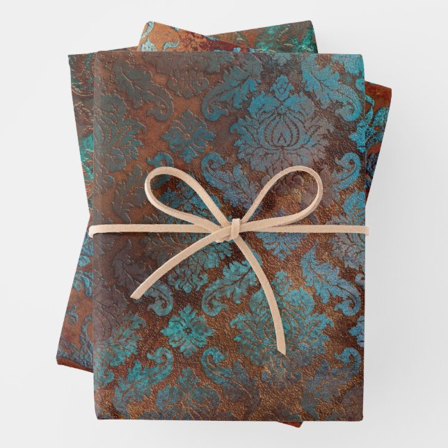 Copper Patina Rusted Damask  Wrapping Paper Sheets (In situ)