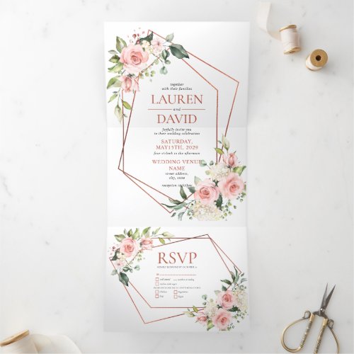 Copper Peach Pink Floral Eucalyptus Wedding Tri_Fold Invitation
