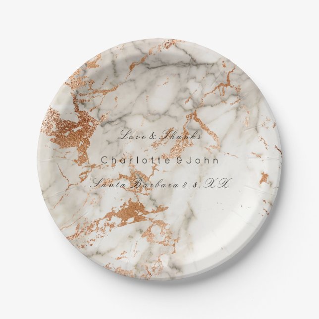 Copper Peach White Rose Gold Marble Wedding Vip Paper Plates (Front)