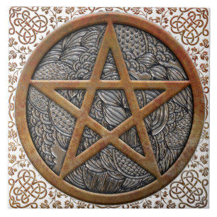 Copper Pentacle Coin & Celtic Knot Border Square Ceramic Tile
