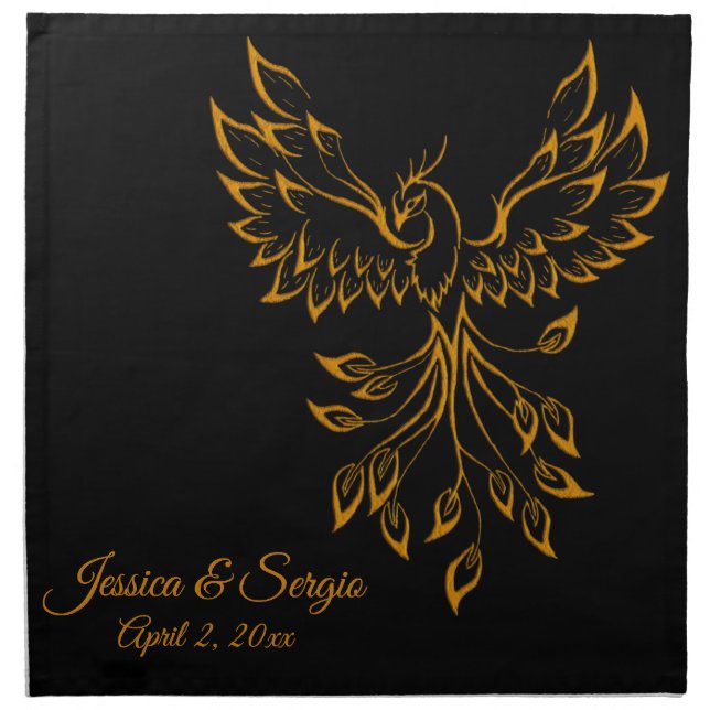Copper Phoenix Rises on Black  Cloth Napkin (Front)