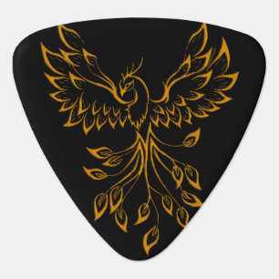 Copper Phoenix Rises on Black Guitar Pick