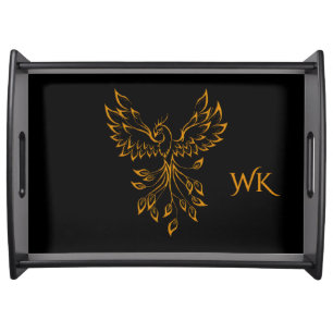 Copper Phoenix Rises on Black Monogrammed  Serving Tray