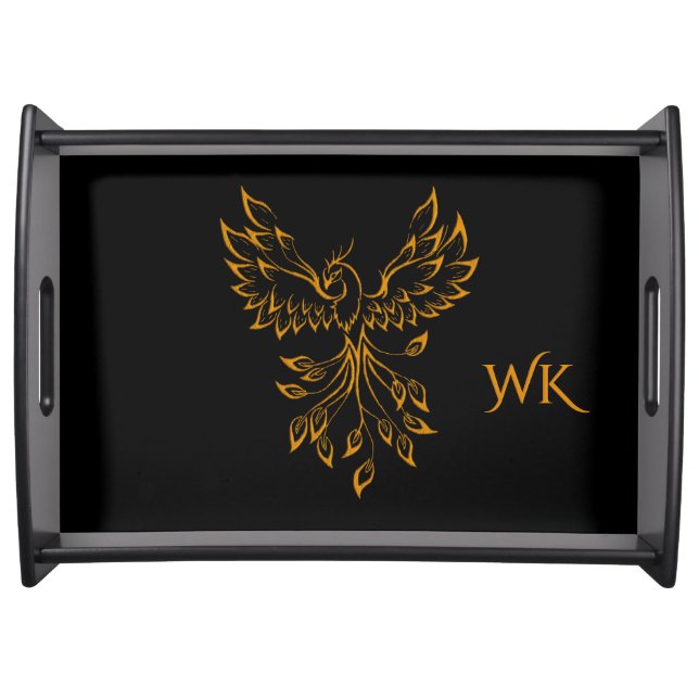 Copper Phoenix Rises on Black Monogrammed  Serving Tray (Front)